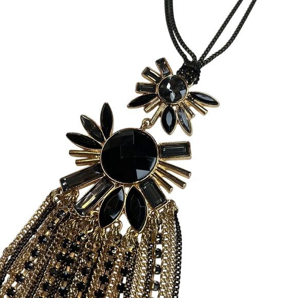 INC International Concepts Black & Gold Chain Necklace w/ Gemstones & Fringe NWT - Picture 2 of 9